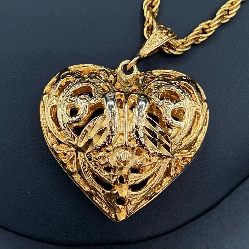 Vintage Puffy Heart Necklace in Gold Tone
